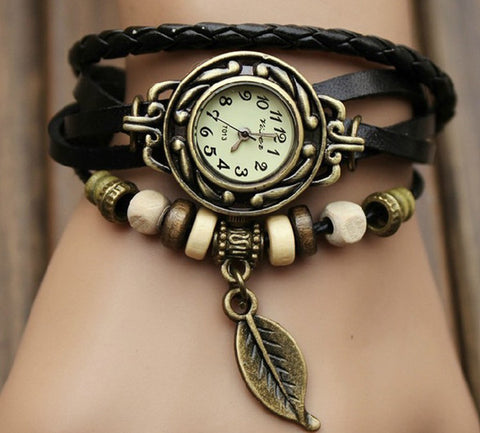 Free Shipping High Quality Women Genuine Leather Vintage Watch, Leaf Pendant bracelet Wristwatches For Xmas Gift jewelry