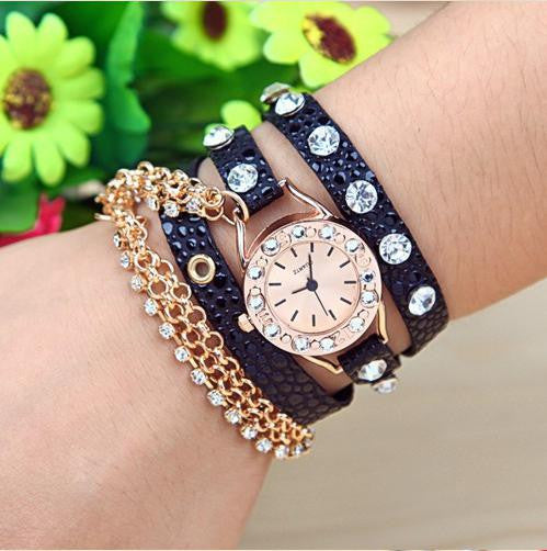 Fashion Retro Leather Necklace bracelet watch leather Diamond watch Lady girl women's quartz wrist watches 6 colors