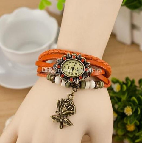 Women Rose Pendant Genuine Leather Vintage Watch Fashion bracelet Rose Species Classic Leather Strap Roma Quartz Watch With Best Valentine