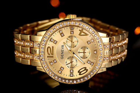 2015Geneva men's women's gold diamond steel table three six-pin steel quartz watch ladies gold watches