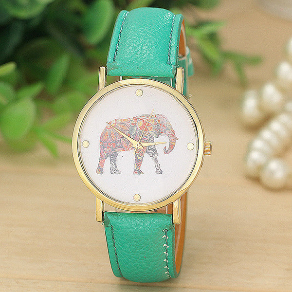 100pcs/lot 2015 women elephant design flower printing ladies leather PU wrist watch fashion dress quartz watches